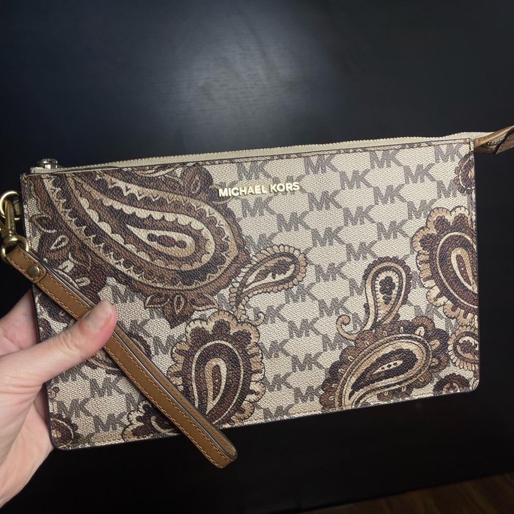 Michael Kors Paisley Print Wristlet in Brown and Cream